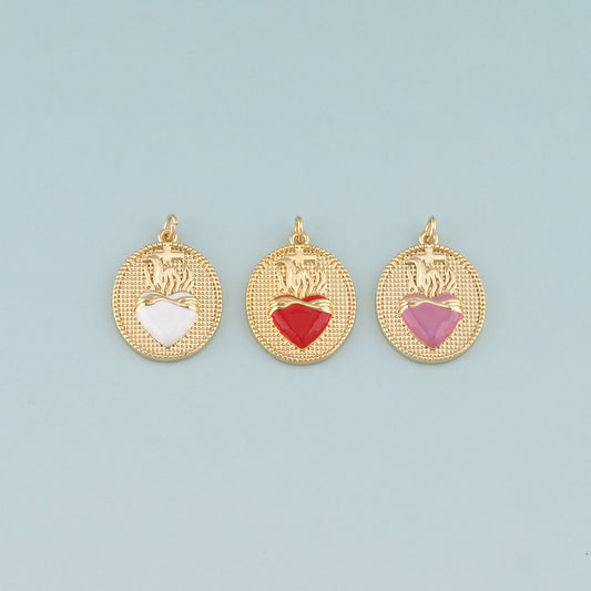 18K Gold Filled Flame Sacred heart Pendant,Enamel Religion Charm Bracelet Necklace for DIY Jewelry Making Supply