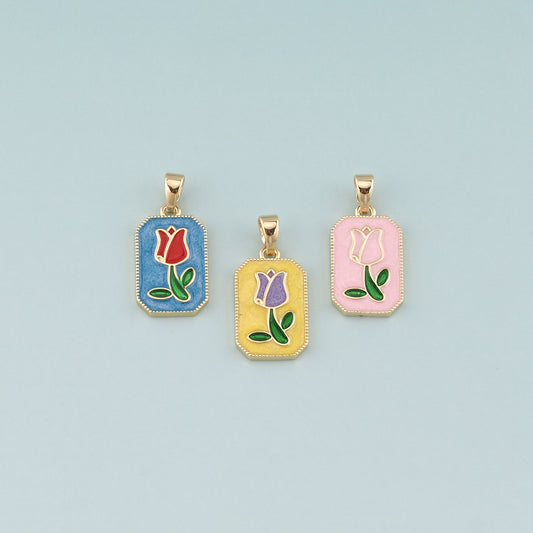 Gold Flower Charm,18K Gold Filled Tulip Pendant,Enamel Flower Charm Bracelet Necklace for DIY Jewelry Making Supply