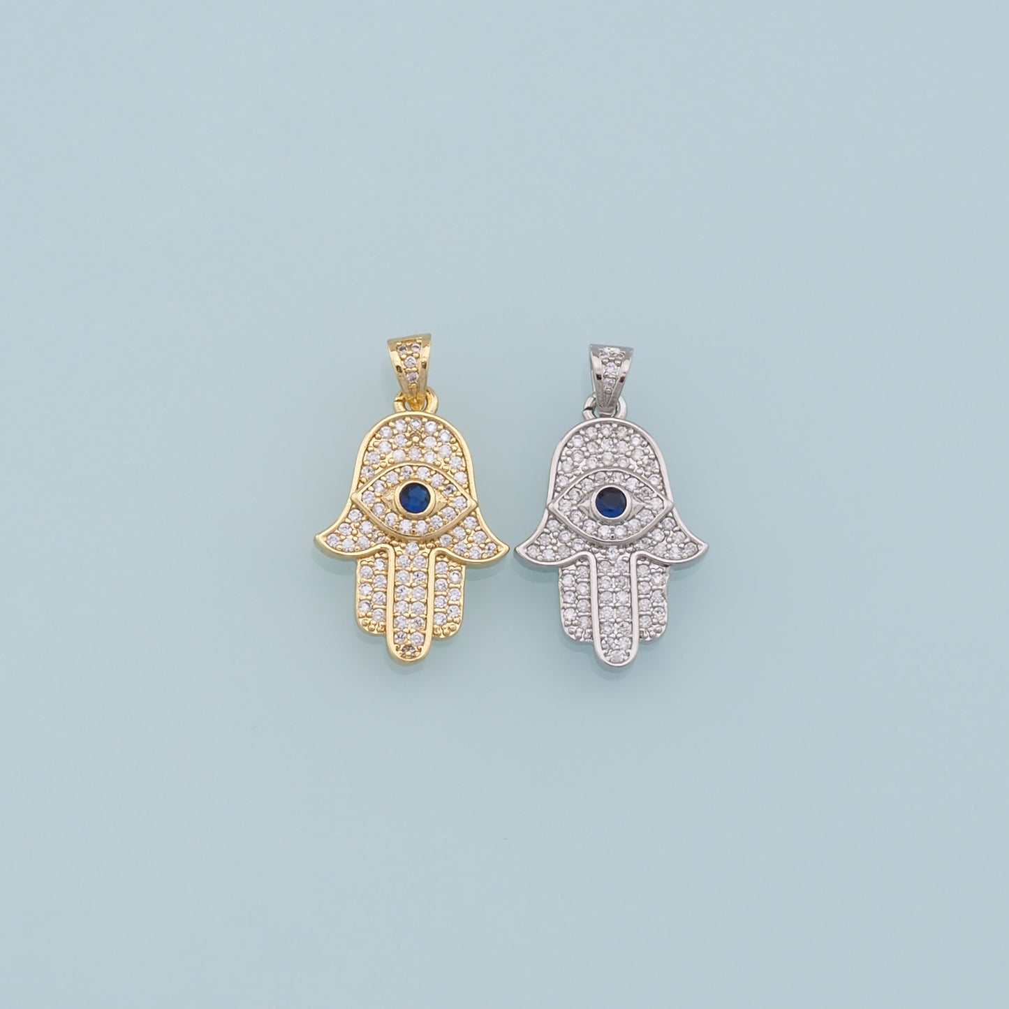 18K Gold Filled Hamsa Hand Pendant,Cubic Zirconia Hand Evil Eye Charm Necklace for DIY Jewelry Making Supply