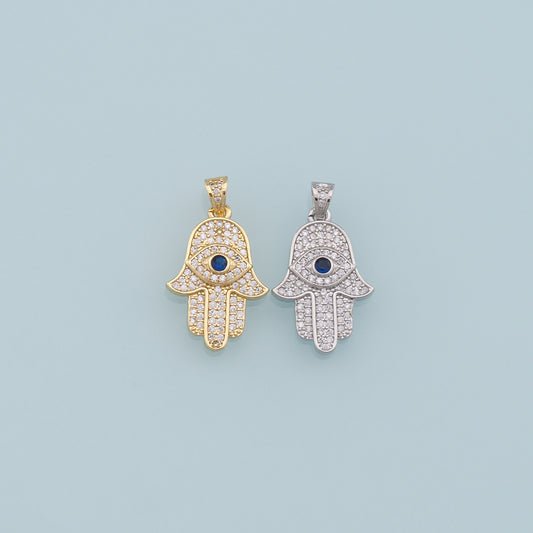 18K Gold Filled Hamsa Hand Pendant,Cubic Zirconia Hand Evil Eye Charm Necklace for DIY Jewelry Making Supply