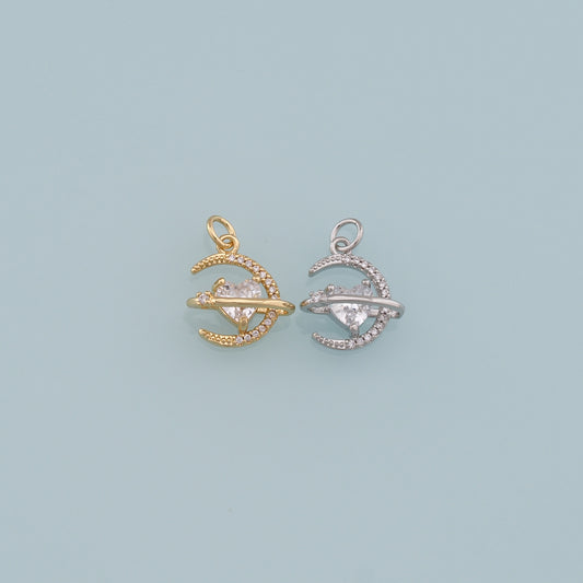 Gold Saturn Charms,18K Gold Filled CZ Saturn Pendant,Silver Celestial Charm Bracelet Necklace for DIY Jewelry Making Supply