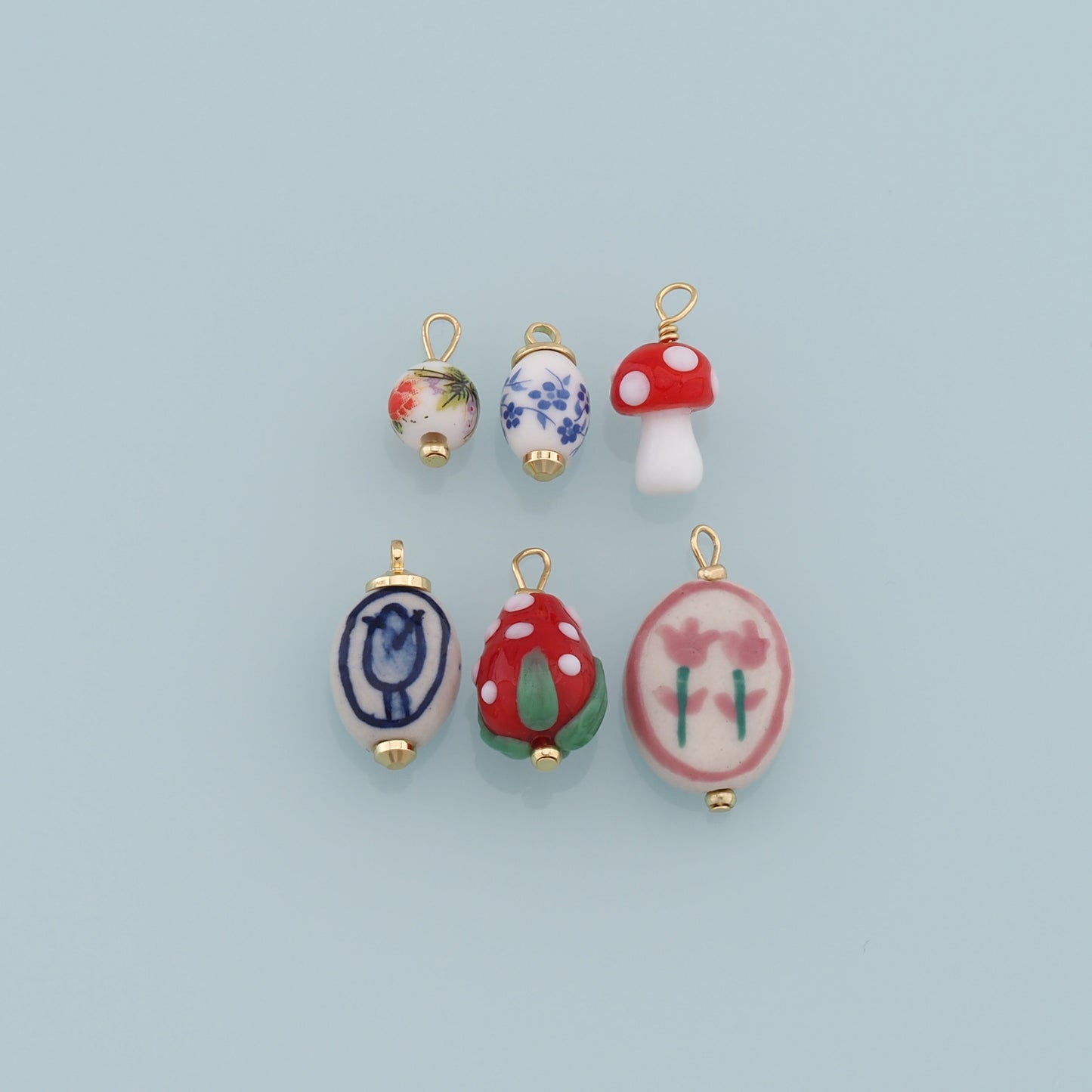 Gold Ceramics Charms,Ceramics Glass Mushroom Pendant,Flower Charm Bracelet Necklace for DIY Jewelry Making Supply