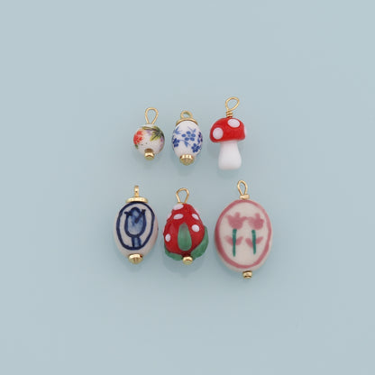 Gold Ceramics Charms,Ceramics Glass Mushroom Pendant,Flower Charm Bracelet Necklace for DIY Jewelry Making Supply