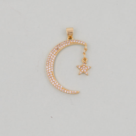 Gold Moon Star Charms,18K Gold Filled Moon Pendant,CZ Micro Pave Celestial Charm Bracelet Necklace for DIY Jewelry Making Supply
