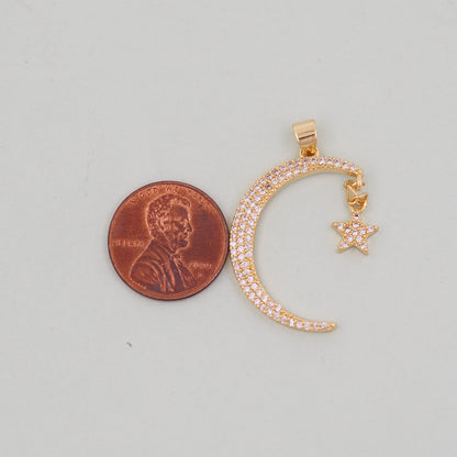 Gold Moon Star Charms,18K Gold Filled Moon Pendant,CZ Micro Pave Celestial Charm Bracelet Necklace for DIY Jewelry Making Supply