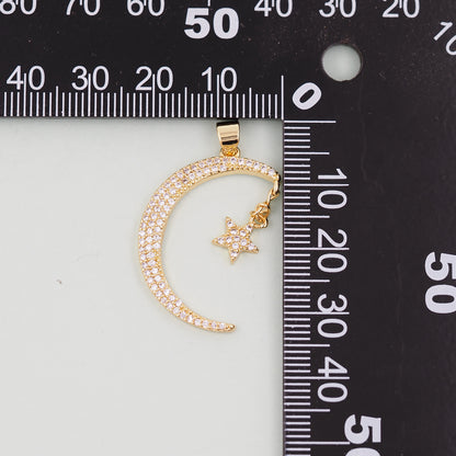 Gold Moon Star Charms,18K Gold Filled Moon Pendant,CZ Micro Pave Celestial Charm Bracelet Necklace for DIY Jewelry Making Supply