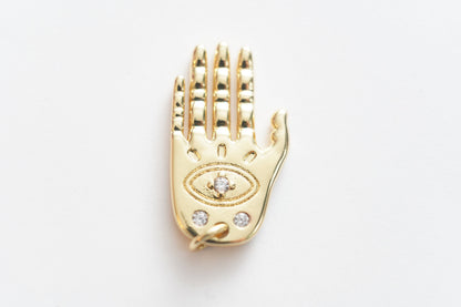18K Gold Filled Hamsa Hand Pendant,CZ Micro Pave Hand Evill Eye Charm Necklace for DIY Jewelry Making Supply