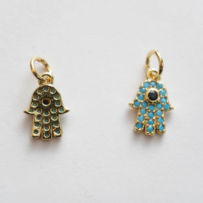 18K Gold Filled Hamsa Hand Pendant,CZ Micro Pave Turquoise Hand Evill Eye Charm Necklace for DIY Jewelry Making Supply