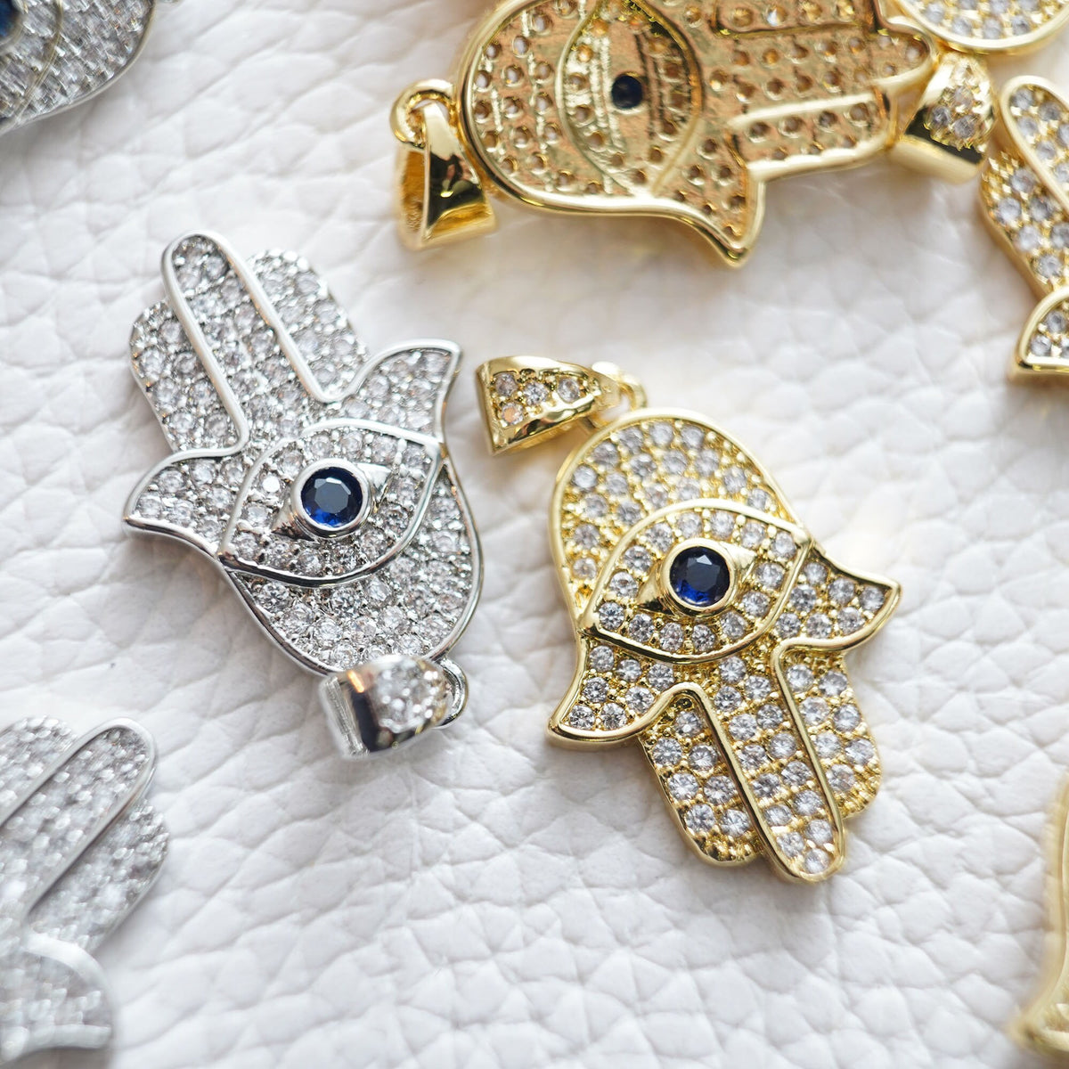 18K Gold Filled Hamsa Hand Pendant,Cubic Zirconia Hand Evil Eye Charm Necklace for DIY Jewelry Making Supply