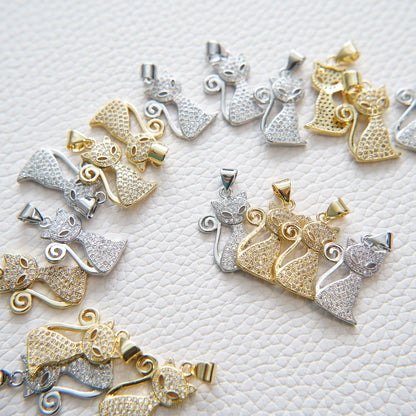 Gold Cat Charms,18K Gold Filled Cat Pendant,CZ Micro Pave Silver Cat Charm Bracelet Necklace for DIY Jewelry Making Supply