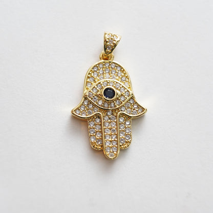 18K Gold Filled Hamsa Hand Pendant,Cubic Zirconia Hand Evil Eye Charm Necklace for DIY Jewelry Making Supply