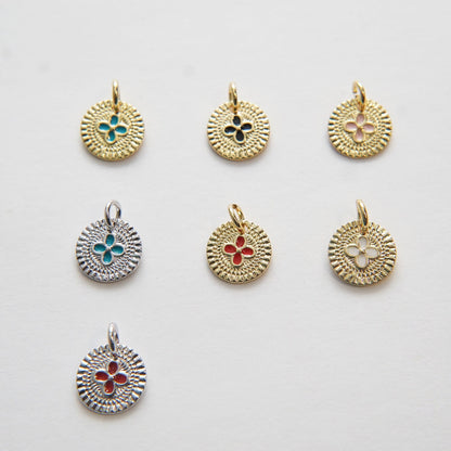 Gold Coin Charms,18K Gold Filled Round Flower Pendant,Enamel Charms Bracelet Necklace for DIY Jewelry Making Supply