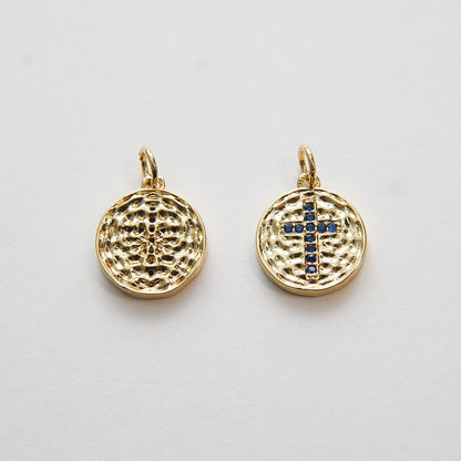 Gold Cross Charms,18K Gold Filled Round Coin Cross Pendant,CZ Micro Pave Religious Charm Bracelet Necklace for DIY Jewelry Ma