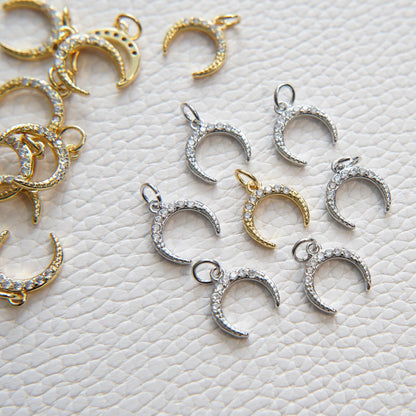 Gold Moon Charms,18K Gold Filled Crescent Pendant,CZ Micro Pave Celestial Charm Bracelet Necklace for DIY Jewelry Making Supp