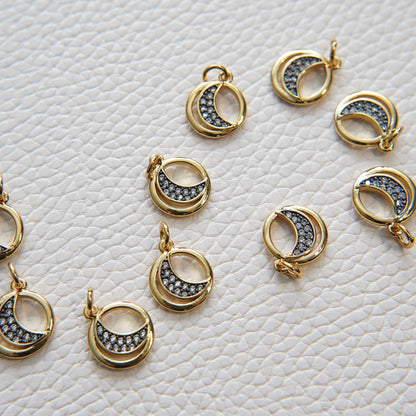 Gold Black Moon Charms,18K Gold Filled CZ Micro Pave Moon Pendant,Celestial Charm Bracelet Necklace for DIY Jewelry Making Su
