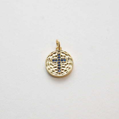 Gold Cross Charms,18K Gold Filled Round Coin Cross Pendant,CZ Micro Pave Religious Charm Bracelet Necklace for DIY Jewelry Ma