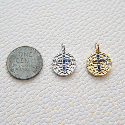 Gold Cross Charms,18K Gold Filled Round Coin Cross Pendant,CZ Micro Pave Religious Charm Bracelet Necklace for DIY Jewelry Ma