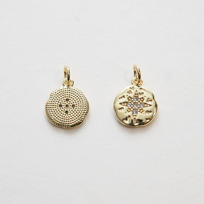 Gold Star Charms,18K Gold Filled Starburst Pendant,CZ Round Coin North Star Charm Bracelet Necklace for DIY Jewelry Making Su