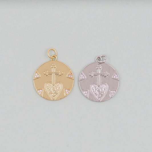Gold sacred Heart Charms,18K Gold Filled CZ Cross heart Pendant,Silver coin Charm Bracelet Necklace for DIY Jewelry Making Supply