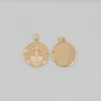 Gold sacred Heart Charms,18K Gold Filled CZ Cross heart Pendant,Silver coin Charm Bracelet Necklace for DIY Jewelry Making Supply