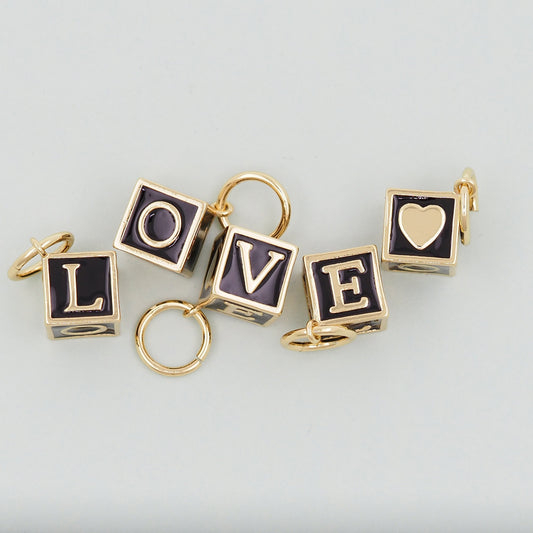 Gold Cube Love Charms,18K Gold Filled enamel Pendant,Love Charm Bracelet Necklace for DIY Jewelry Making Supply