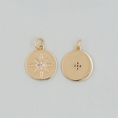 Gold Round Coin north star Charms,18K Gold Filled Starburst Pendant,North Star Charm Bracelet Necklace for DIY Jewelry Making Supply