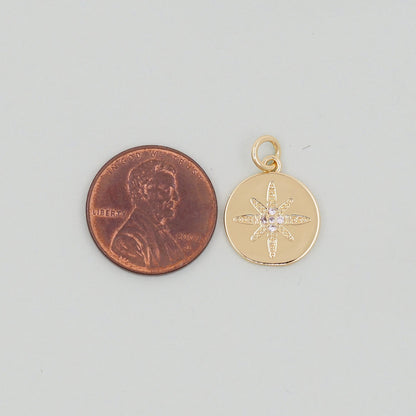 Gold Round Coin north star Charms,18K Gold Filled Starburst Pendant,North Star Charm Bracelet Necklace for DIY Jewelry Making Supply