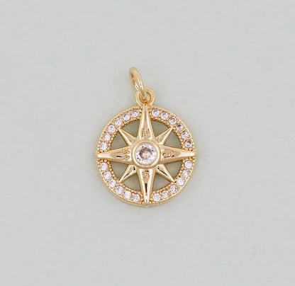 Gold Round north star Charms,18K Gold Filled Starburst Pendant,North Star Charm Bracelet Necklace for DIY Jewelry Making Supply