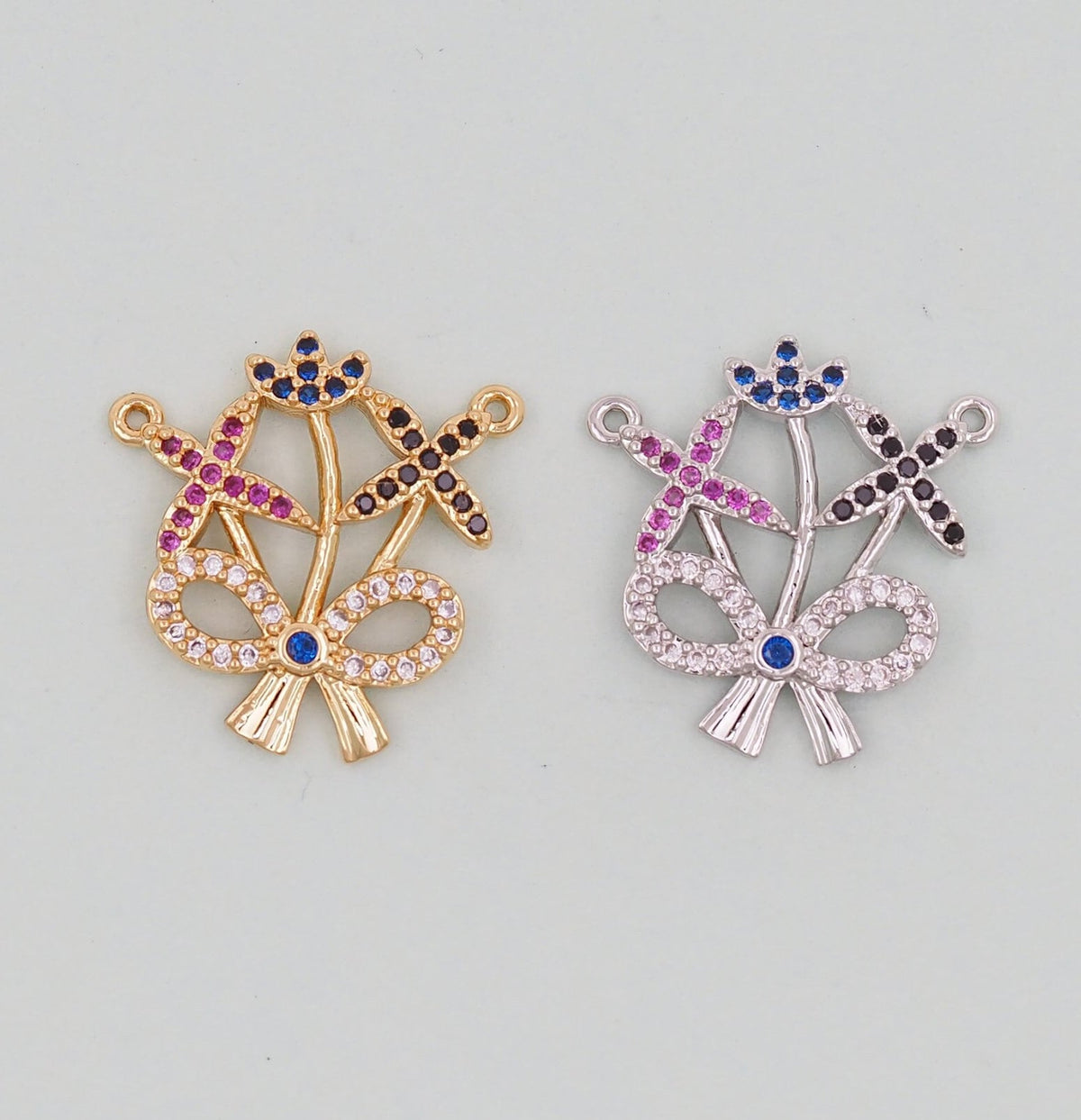 Gold Bow Charms,18K Gold Filled CZ Bow Pendant,Silver bow tie Charm Bracelet Necklace for DIY Jewelry Making Supply