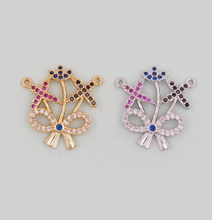 Gold Bow Charms,18K Gold Filled CZ Bow Pendant,Silver bow tie Charm Bracelet Necklace for DIY Jewelry Making Supply