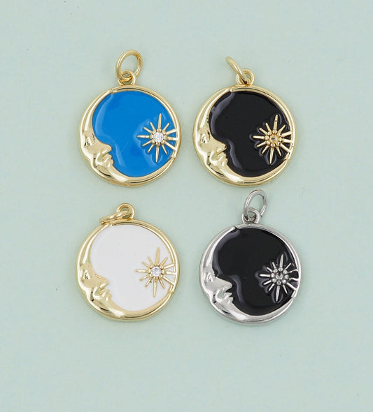 Gold Round Moon Star Charms,18K Gold Filled CZ Enamel Moon Pendant,Celestial Charm Bracelet Necklace for DIY Jewelry Making Supply