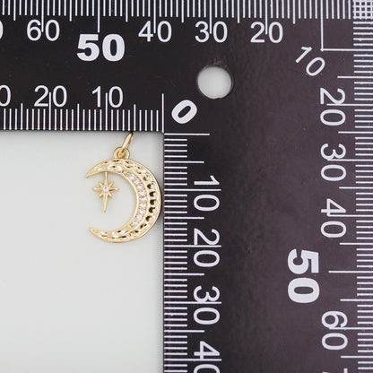 Gold Moon Star Charms,18K Gold Filled CZ Moon Pendant,Celestial Charm Bracelet Necklace for DIY Jewelry Making Supply