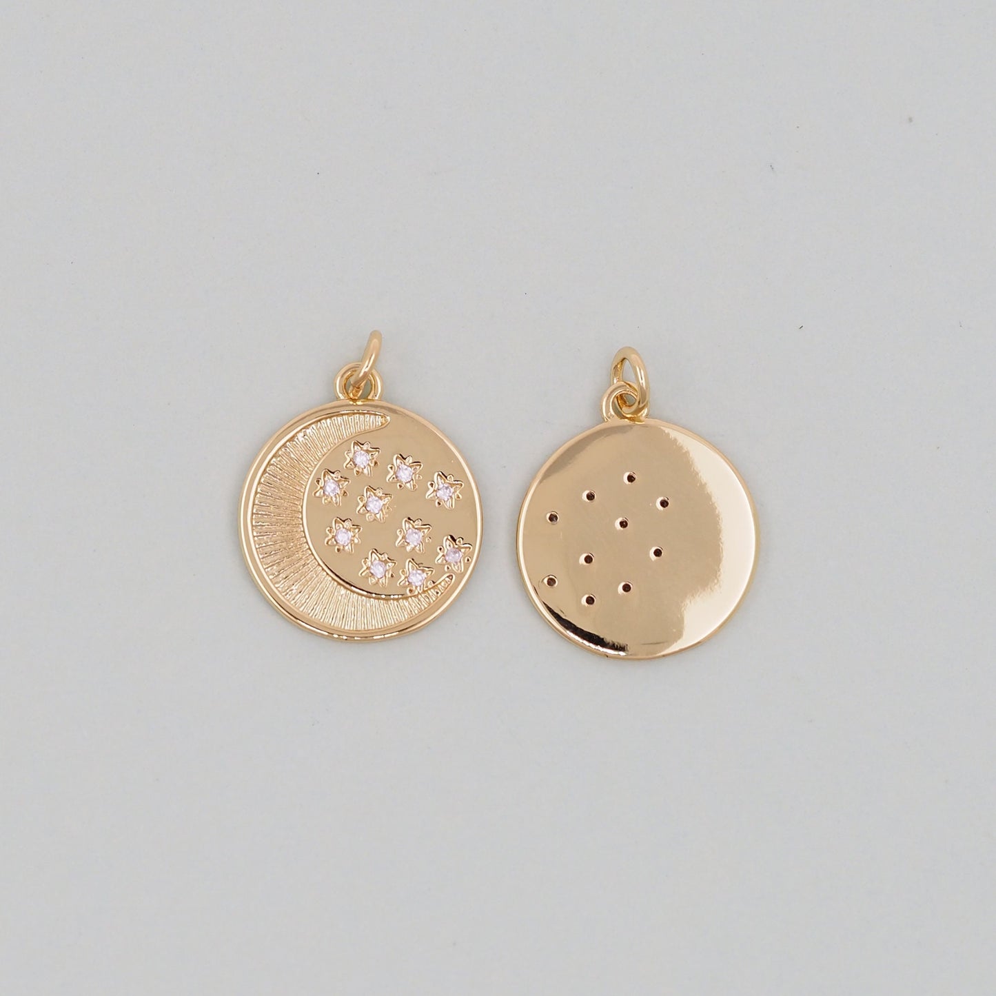 Gold Round Moon Star Charms,18K Gold Filled CZ Moon Pendant,Celestial Charm Bracelet Necklace for DIY Jewelry Making Supply