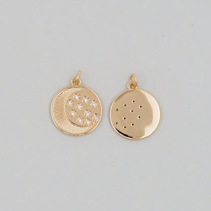 Gold Round Moon Star Charms,18K Gold Filled CZ Moon Pendant,Celestial Charm Bracelet Necklace for DIY Jewelry Making Supply
