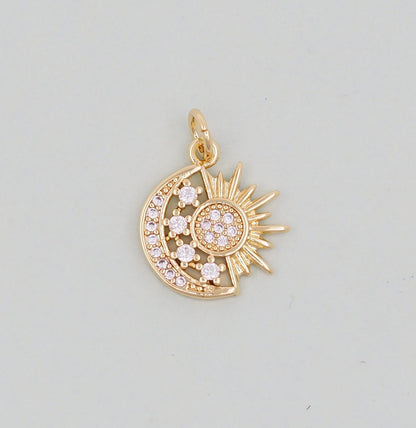 Gold Moon Star Charms,18K Gold Filled CZ Sun Pendant,Celestial Charm Bracelet Necklace for DIY Jewelry Making Supply
