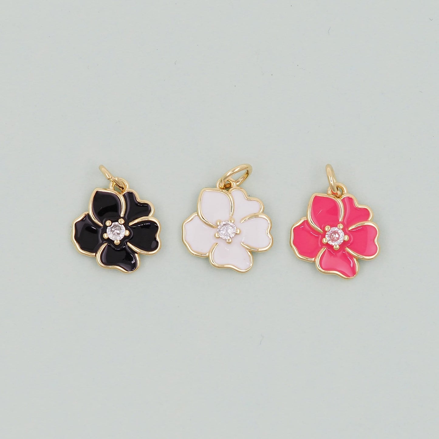 Gold Enamel Flower Charms,18K Gold Filled CZ flower Pendant,Silver flower Charm Bracelet Necklace for DIY Jewelry Making Supply