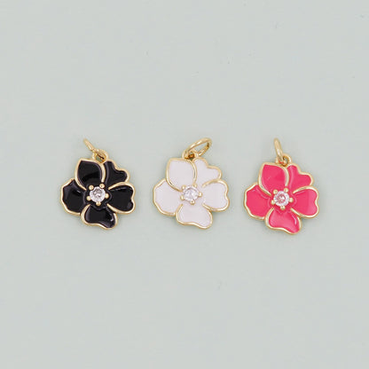 Gold Enamel Flower Charms,18K Gold Filled CZ flower Pendant,Silver flower Charm Bracelet Necklace for DIY Jewelry Making Supply