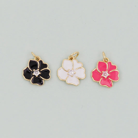 Gold Enamel Flower Charms,18K Gold Filled CZ flower Pendant,Silver flower Charm Bracelet Necklace for DIY Jewelry Making Supply