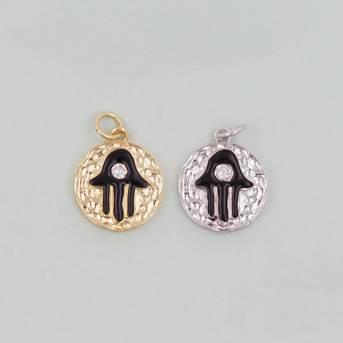 Gold Round Coin Hamsa Charms,18K Gold Filled CZ Hamsa Pendant,Silver Hamsa Protection Charms Bracelet Necklace for DIY Jewelr