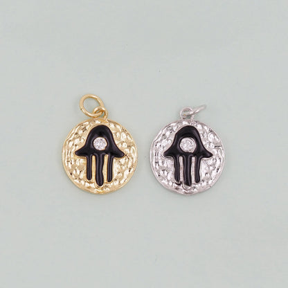 Gold Round Coin Hamsa Charms,18K Gold Filled CZ Hamsa Pendant,Silver Hamsa Protection Charms Bracelet Necklace for DIY Jewelr