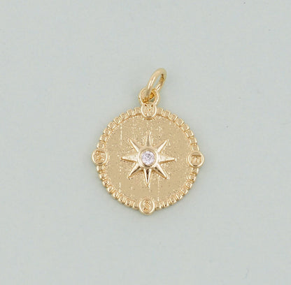 Gold Round Coin Star Charms,18K Gold Filled Starburst Pendant,North Star Charm Bracelet Necklace for DIY Jewelry Making Supply