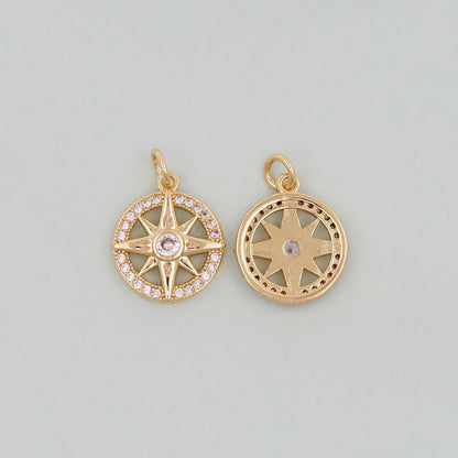 Gold Round north star Charms,18K Gold Filled Starburst Pendant,North Star Charm Bracelet Necklace for DIY Jewelry Making Supply