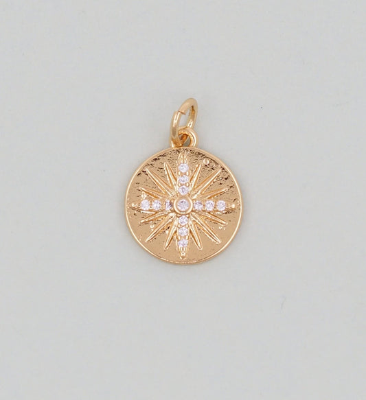 Gold Round north star Charms,18K Gold Filled Starburst Pendant,North Star Charm Bracelet Necklace for DIY Jewelry Making Supp