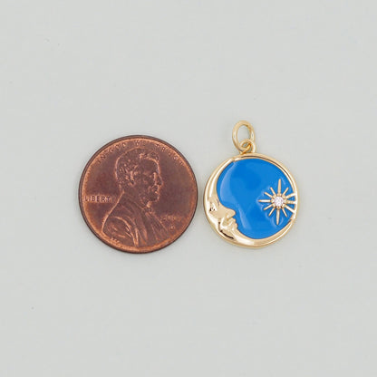 Gold Round Moon Star Charms,18K Gold Filled CZ Enamel Moon Pendant,Celestial Charm Bracelet Necklace for DIY Jewelry Making S
