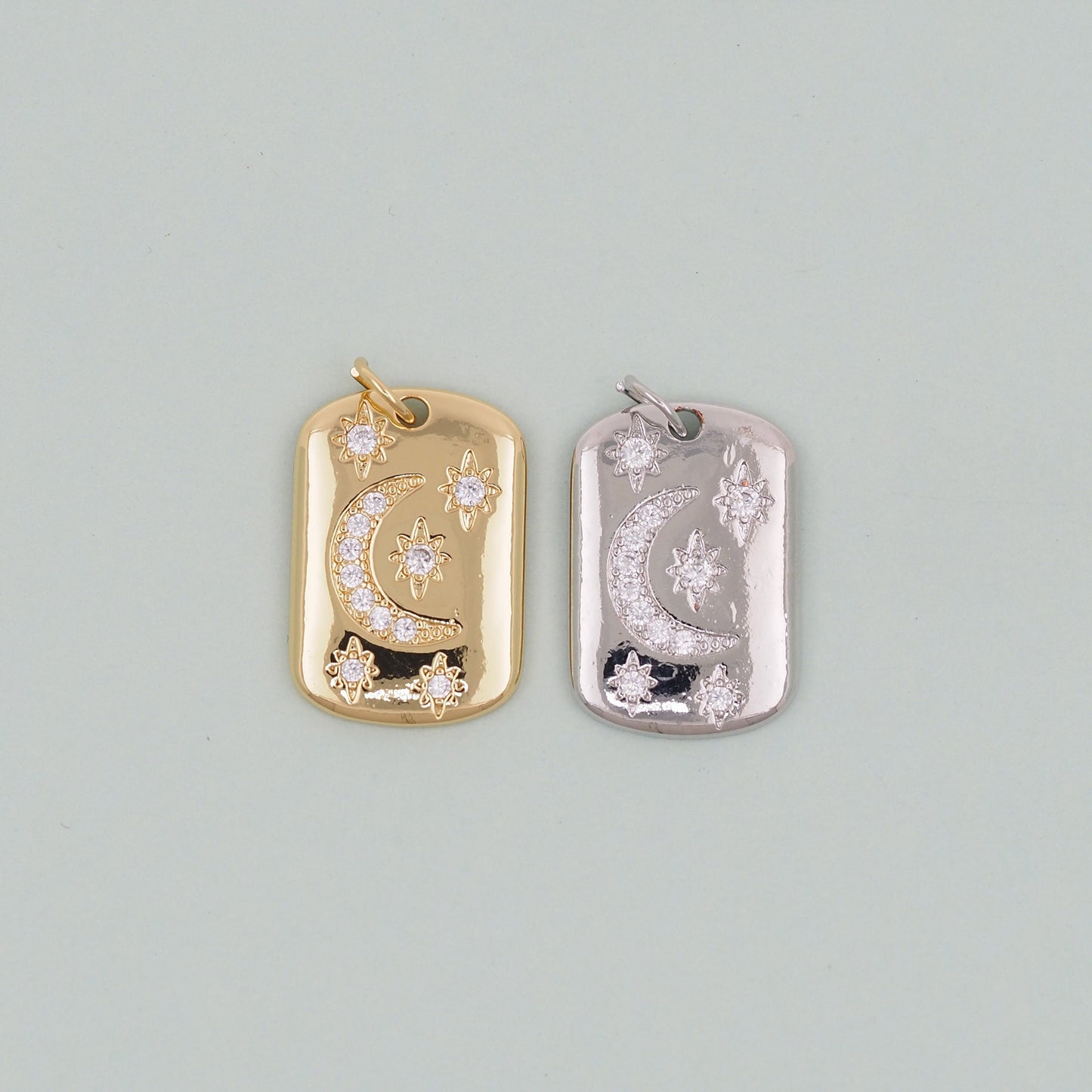 Gold rectangle Moon Star Charms,18K Gold Filled CZ Moon Pendant,Celestial Charm Bracelet Necklace for DIY Jewelry Making Supply