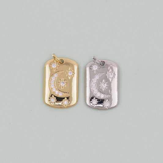 Gold rectangle Moon Star Charms,18K Gold Filled CZ Moon Pendant,Celestial Charm Bracelet Necklace for DIY Jewelry Making Supply