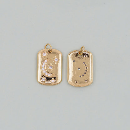 Gold rectangle Moon Star Charms,18K Gold Filled CZ Moon Pendant,Celestial Charm Bracelet Necklace for DIY Jewelry Making Supply