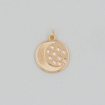 Gold Round Moon Star Charms,18K Gold Filled CZ Moon Pendant,Celestial Charm Bracelet Necklace for DIY Jewelry Making Supply