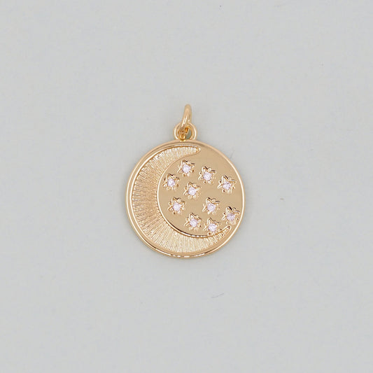 Gold Round Moon Star Charms,18K Gold Filled CZ Moon Pendant,Celestial Charm Bracelet Necklace for DIY Jewelry Making Supply