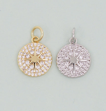 Gold Round Star Charms,18K Gold Filled Starburst Pendant,North Star Charm Bracelet Necklace for DIY Jewelry Making Supply